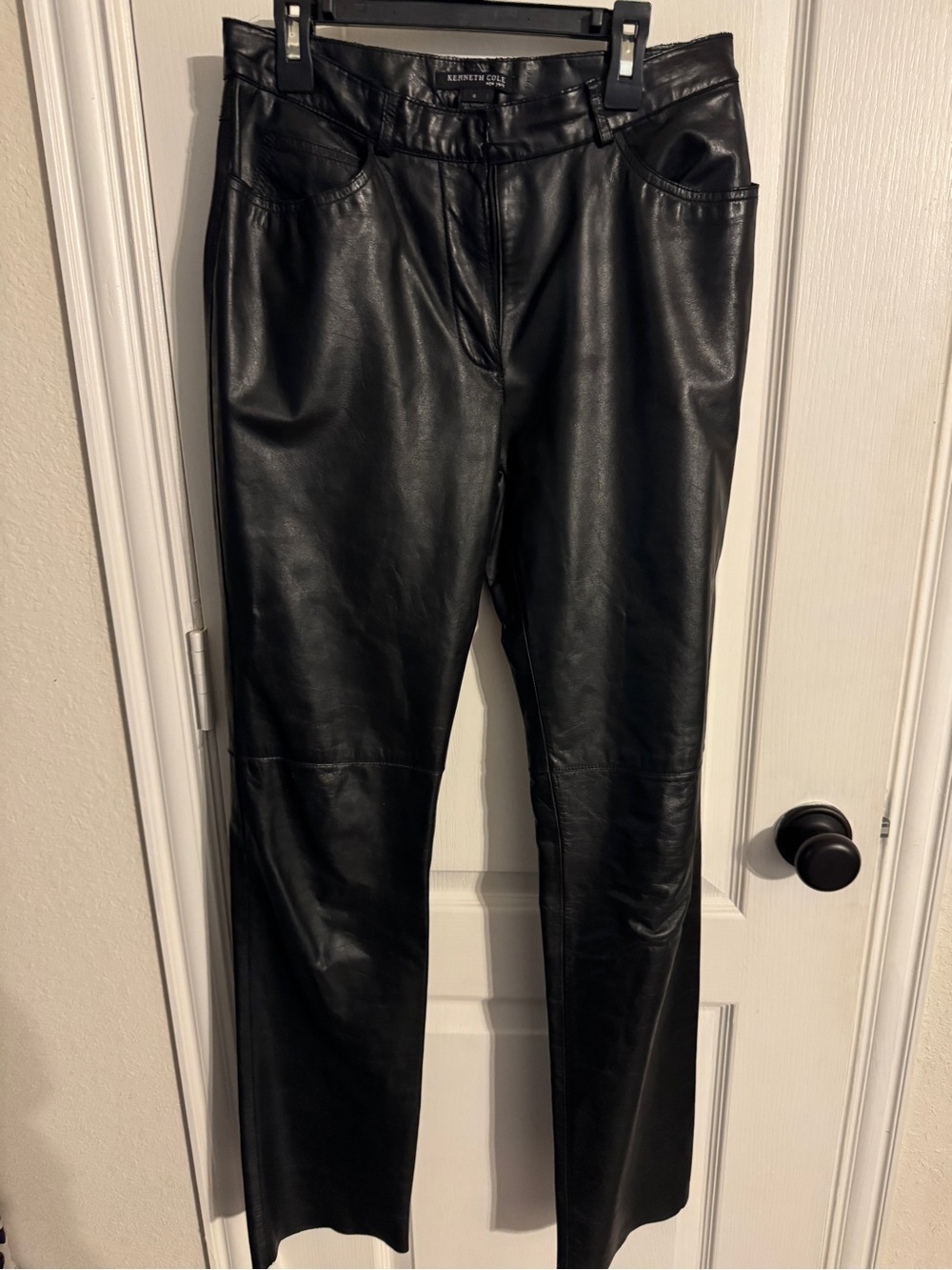 Kenneth Cole Black 100% Leather Straight-Leg Pants